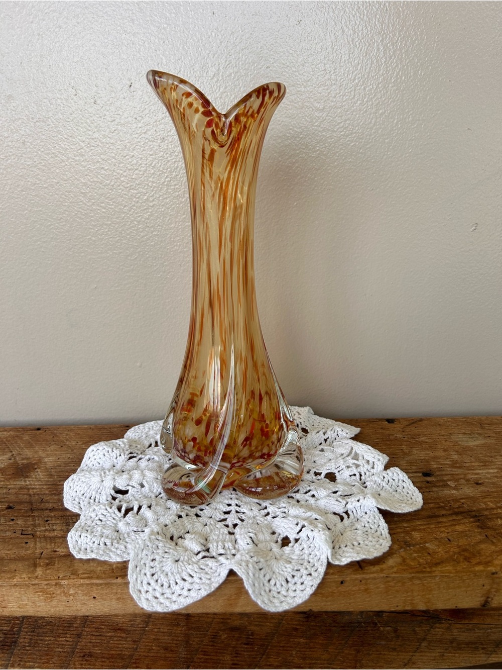 Murano Style Sommerso Art Glass Swung Vase 12” Amber Earth Tones Fluted Bottom